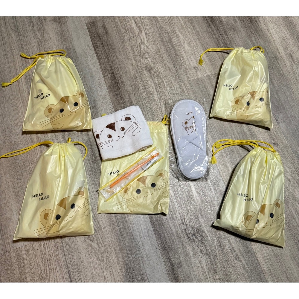 5pc Japanese Hotel Amenity Kit Set Kawaii Hamster Slippers Towel Pouch